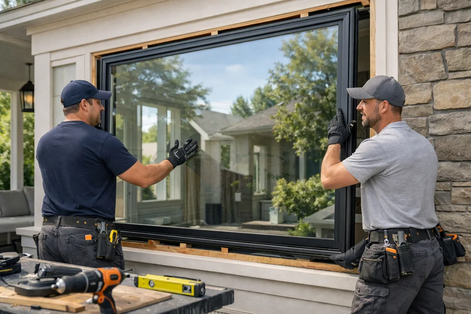 Two installers fitting a large black-frame Bellevue window into a residential opening.