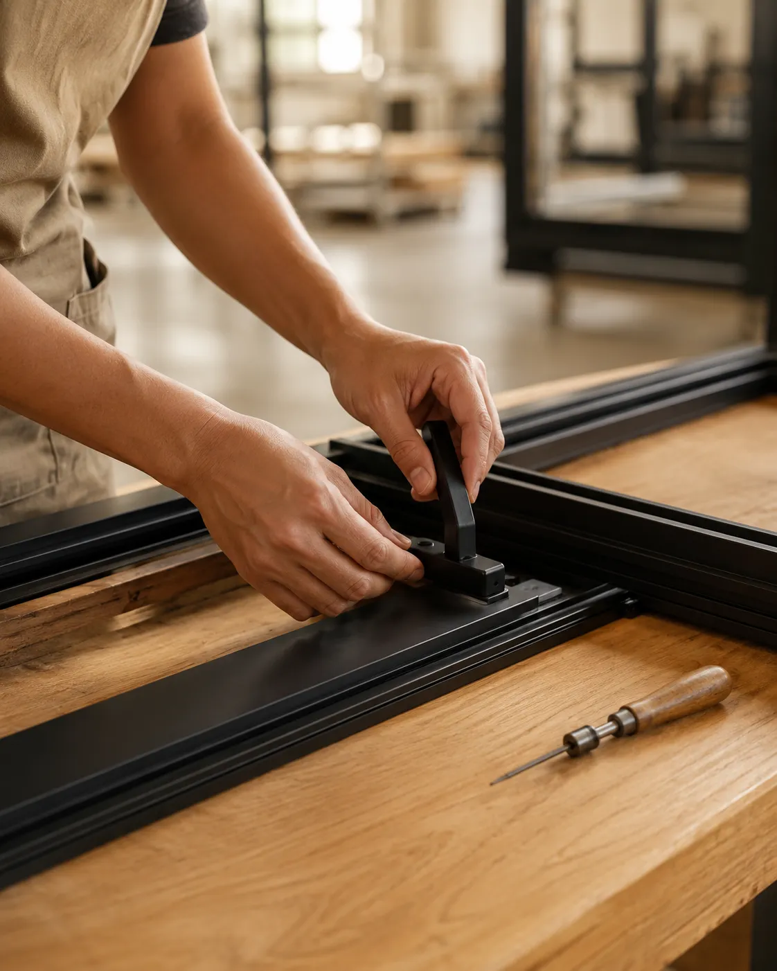A Bellevue craftsman installing precision hardware on a window frame.