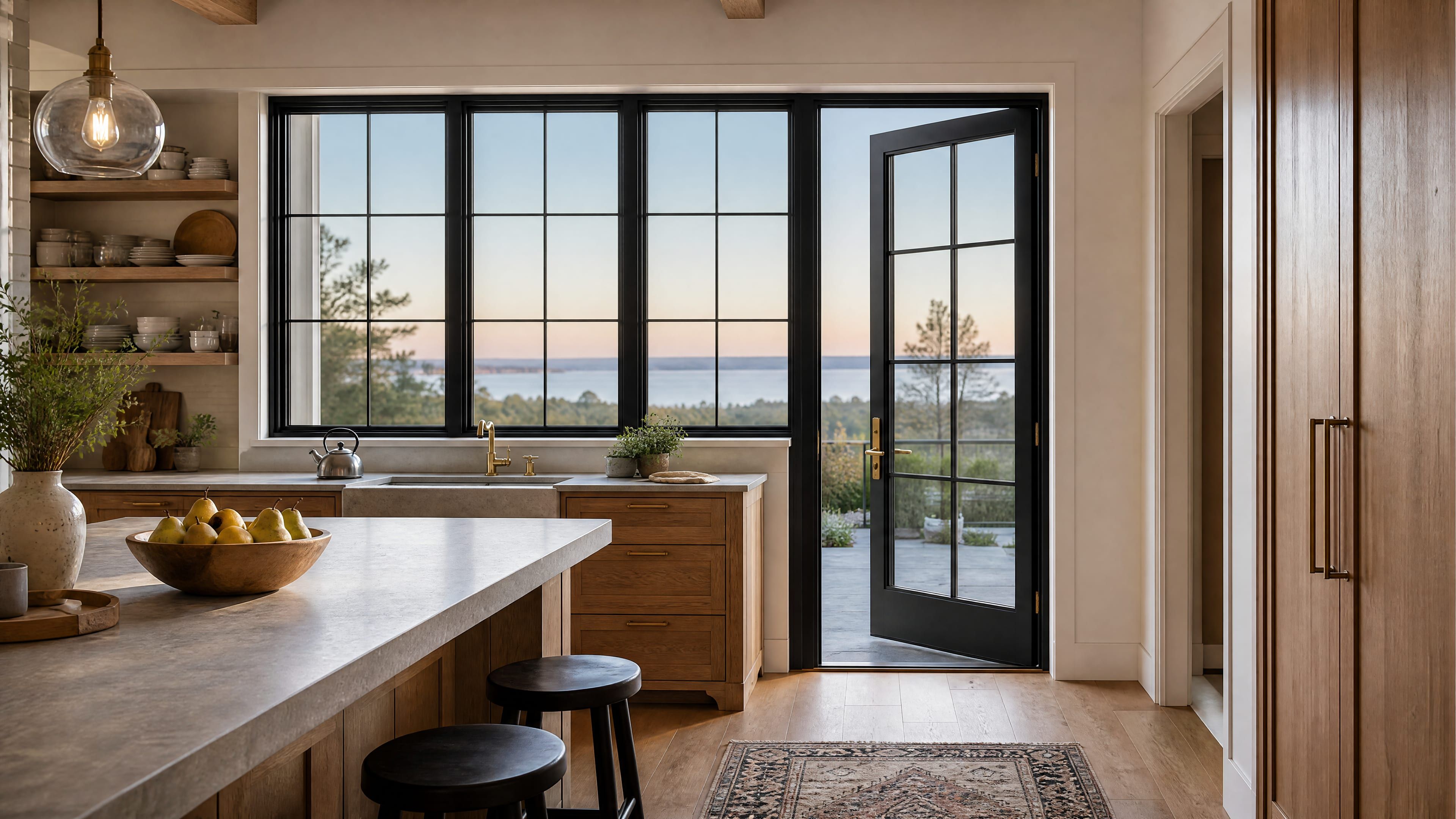 Contemporary home with expansive black-framed Bellevue windows and doors.