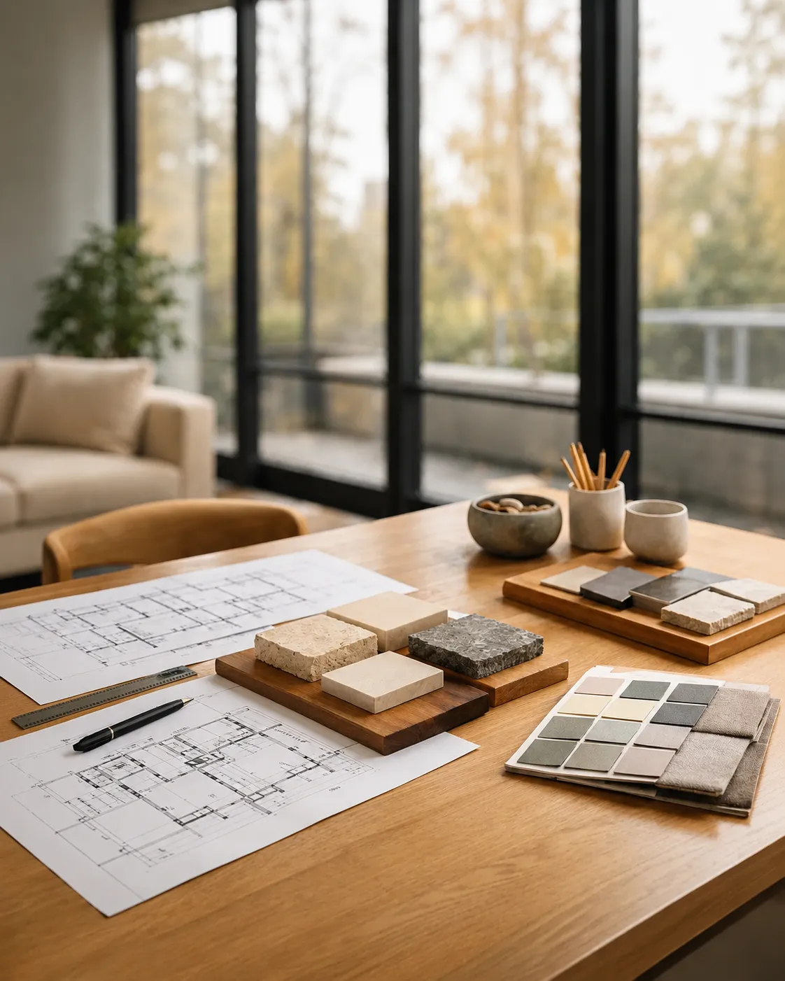 Architect's design table with floor plans, stone samples, and material swatches in a sunlit room with floor-to-ceiling Bellevue windows.